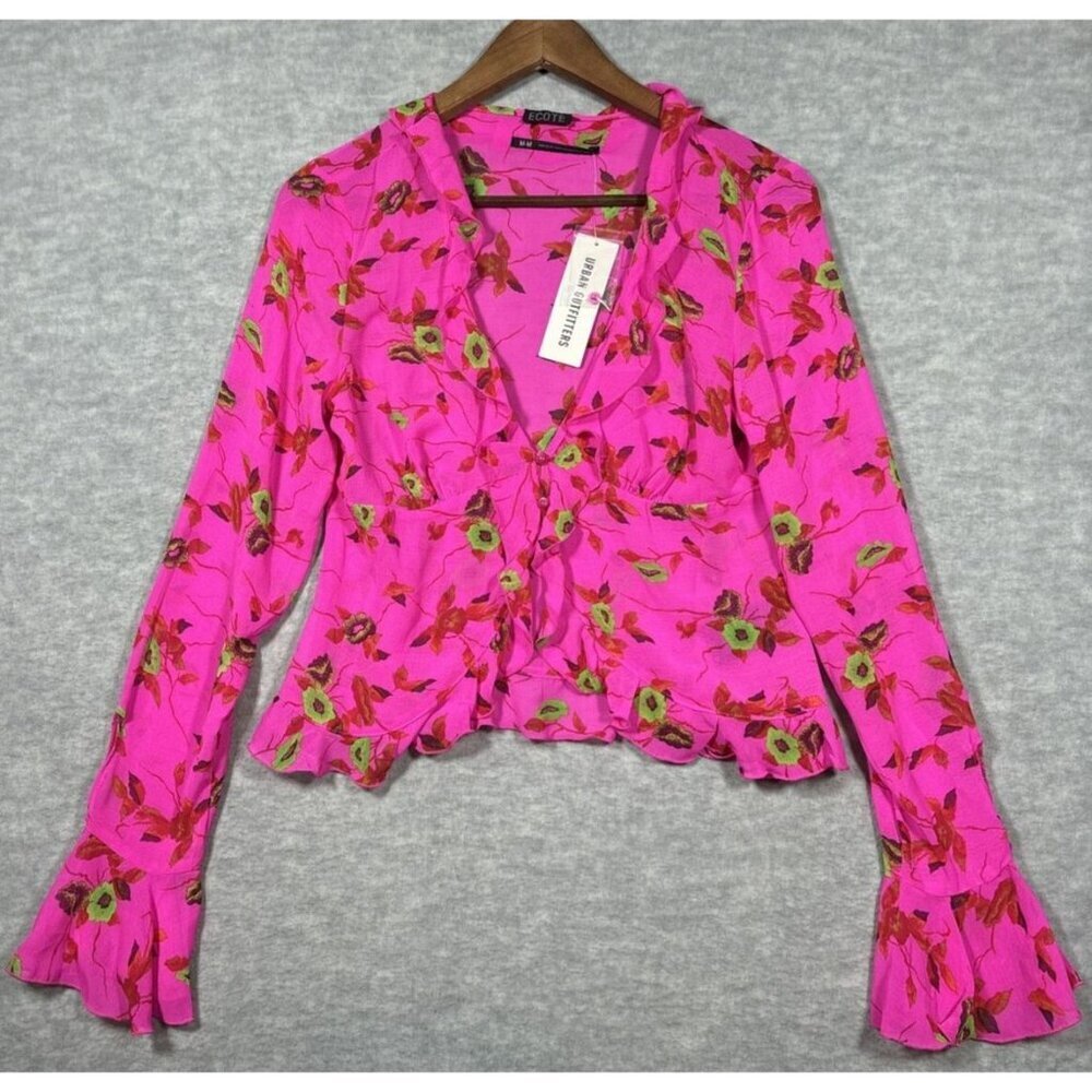 Ecote Urban Outfitters Women's Terri Blouse Sz M Pink Floral‎ Semi Sheer Ruffle